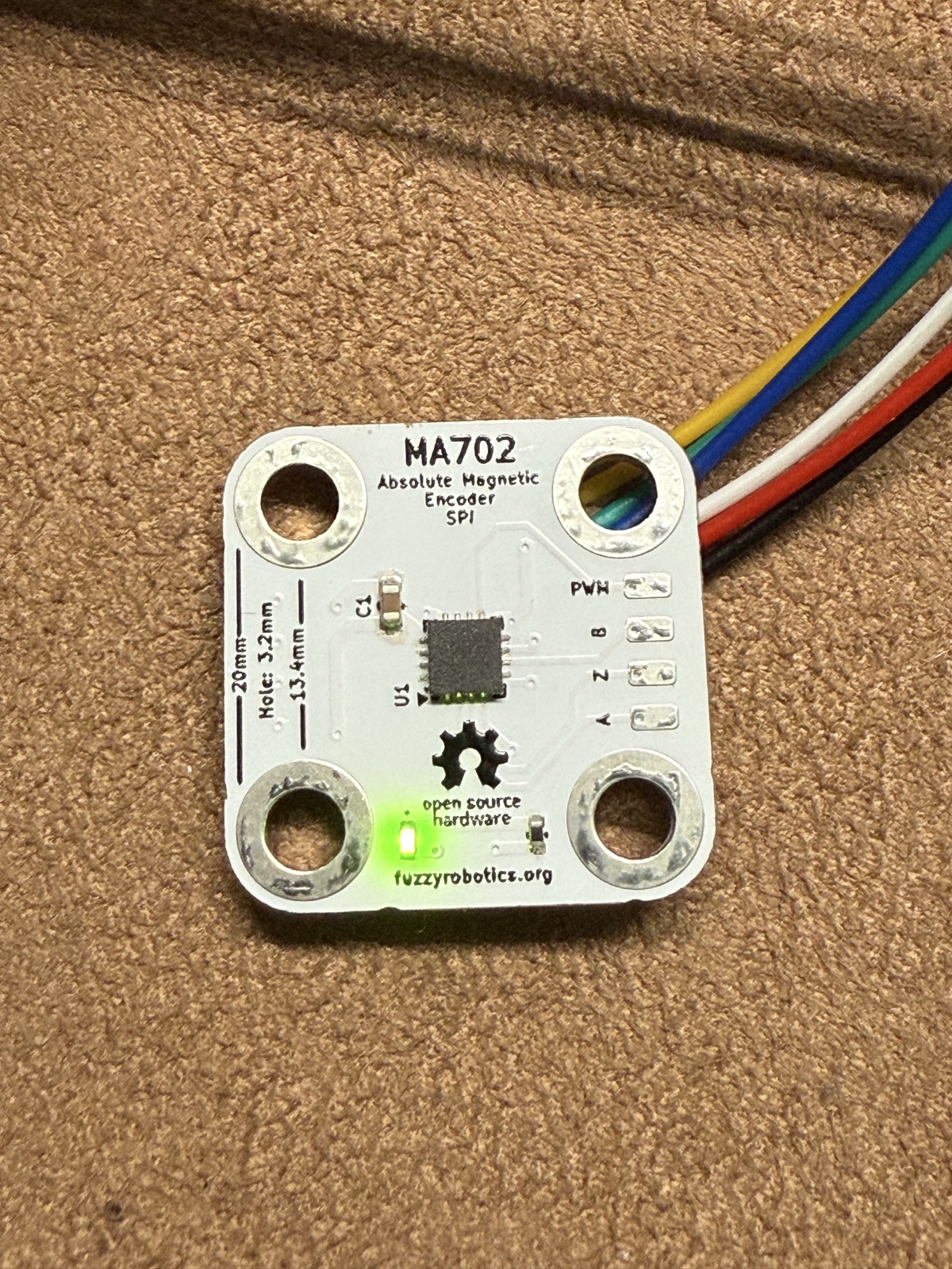 The MA702 board with the sensor centred over the shaft magnet.