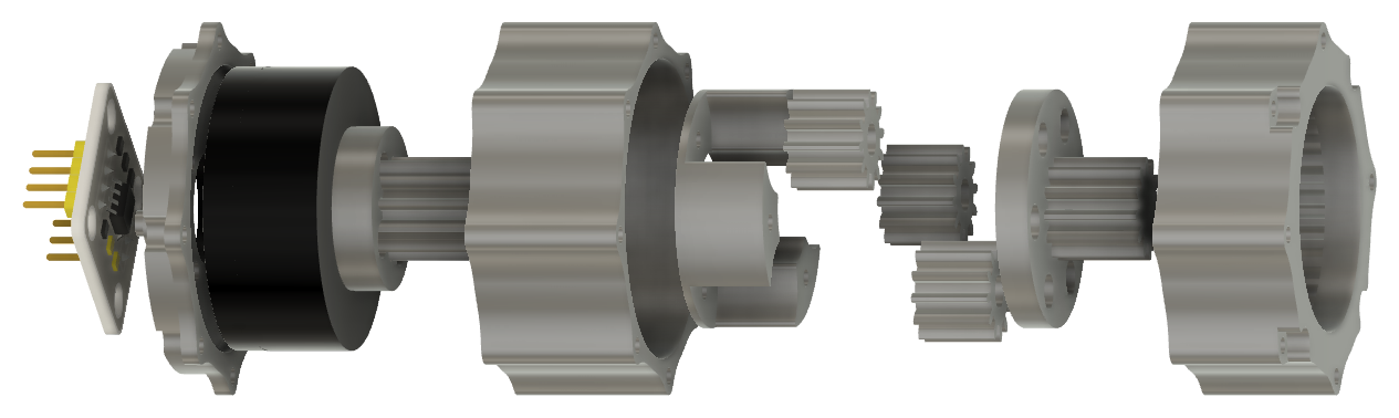 Exploded view, encoder board and motor at left, gear stages and output ring at right.