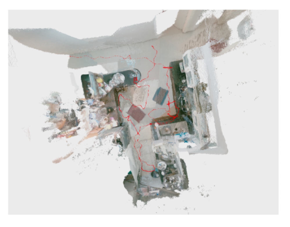 Dense reconstruction from a single session, camera trajectory in red.